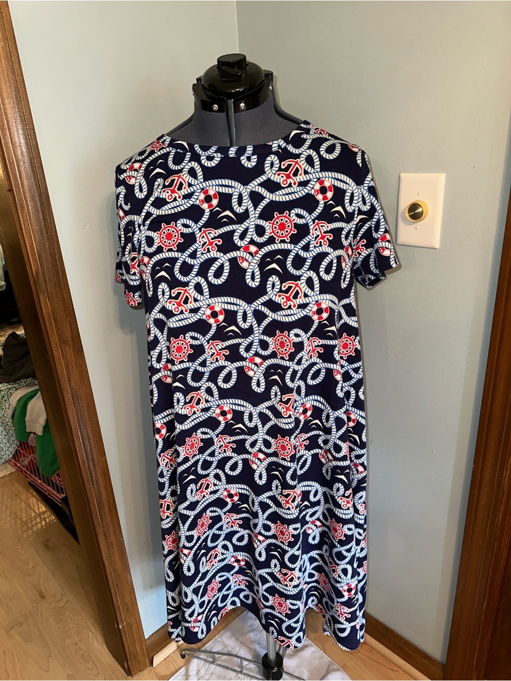 LuLaRoe Navy Rope & Anchor Print Short-Sleeve Carly Dress